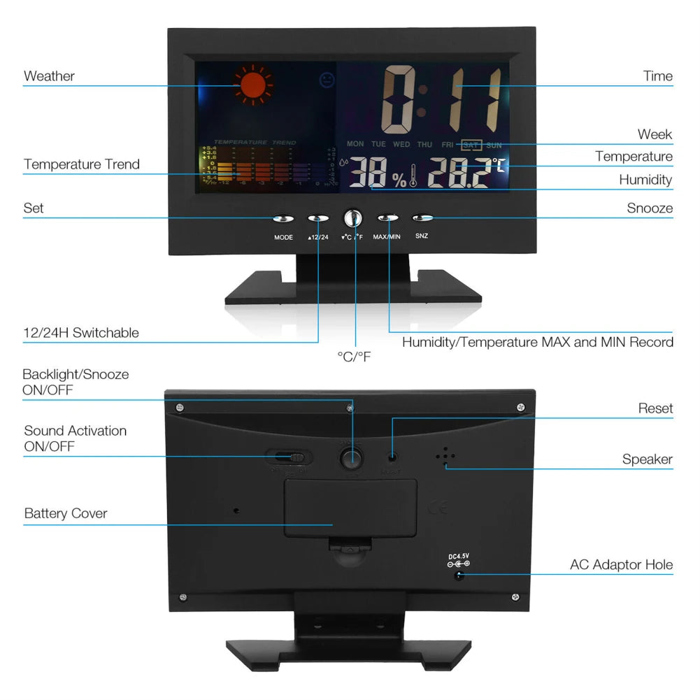 5-i-1 LED digital vekkerklokke kalenderdisplay termometer luftfuktighetsmonitor med snooze-funksjoner