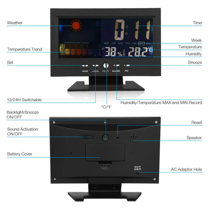 5-i-1 LED digital vekkerklokke kalenderdisplay termometer luftfuktighetsmonitor med snooze-funksjoner