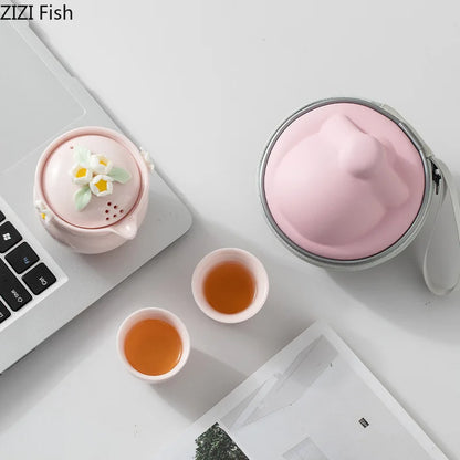 Simple Jasmine Kung Fu Tea Set Outdoor Portable Travel Tea Set Ceramic One Pot Two Cups Chinese Tea Ceremony Accessories