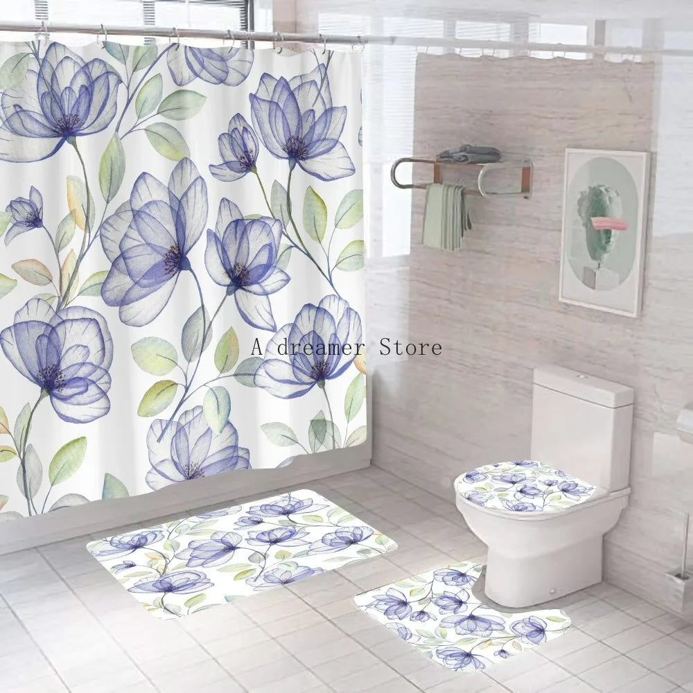3D Digital Printing Flowers Shower Curtain Waterproof Polyester Bathroom Curtains Colorful Shower Curtain Set Bath Mats Rugs