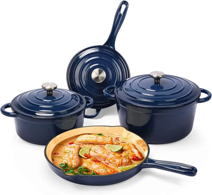 Cast Iron Cookware Set, 7 Piece Enamel Cast Iron Set, Sauce Pan, Skillet, Dutch Oven Set, Ceramic Cookware Set, Pots and Pans Se