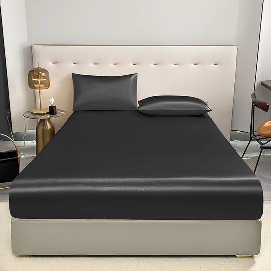 1pcs 2025 new pure black satin waterproof fitted sheet single piece pillowcase urine mattress protective cover