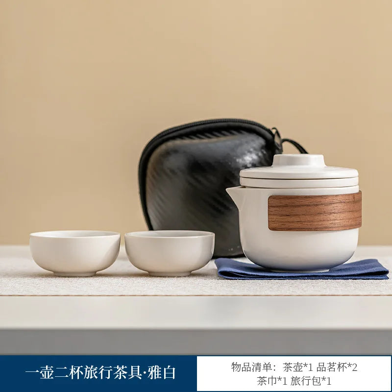 1 set of portable teacup set travel set ceramic kung fu tea set outdoor camping one teapot and two cups of gifts