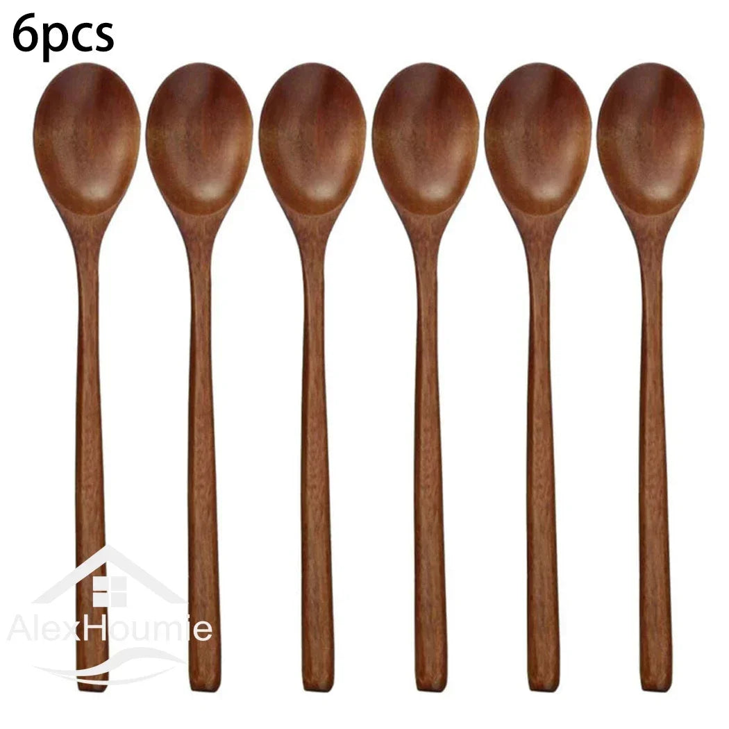 Cuchara de madera de 6 piezas Cocina de bambú estilo coreano de 9 '' Cocina de sopa de madera natural de 9 'pulgadas Cocina de café con cuchara Mezcla para mezclar miel con cuchara