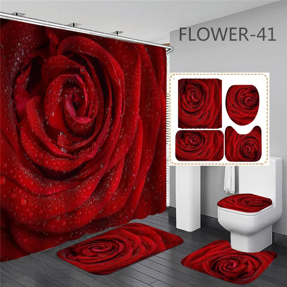 3D Digital Printing Flowers Shower Curtain Waterproof Polyester Bathroom Curtains Colorful Shower Curtain Set Bath Mats Rugs