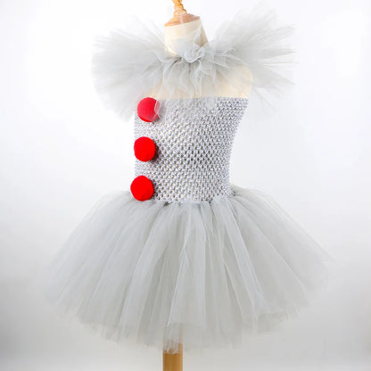 Halloween Gray Joker Girls Costume Tutu Dress Creepy Clown Kids Carnival Party Cosplay Clothing Children Tyll Fancy Dress