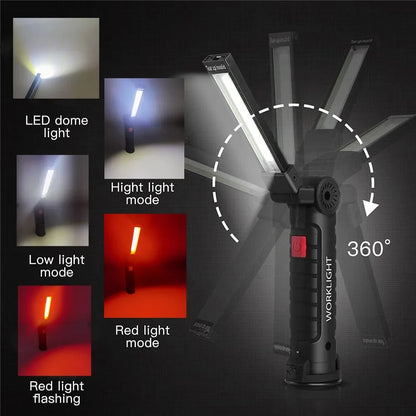 Flashlight LED in campeggio ricaricabile USB Luce di lavoro con magnete e gancio IP64 Modalità di illuminazione impermeabile 5 adatte per il lavoro notturno