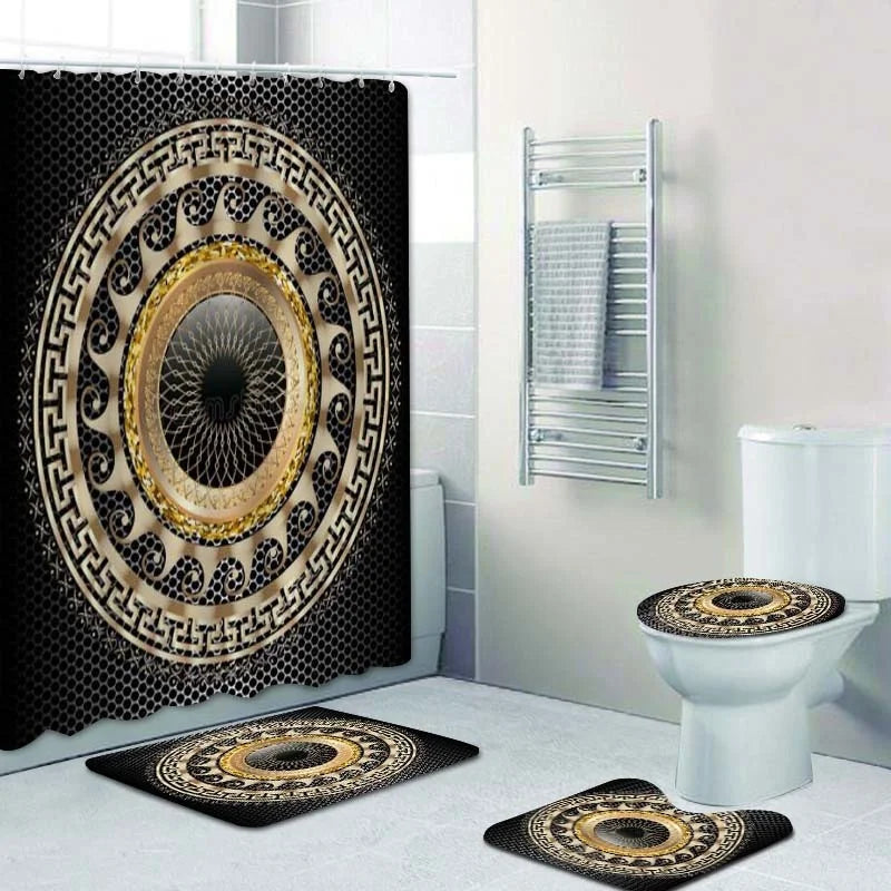 3d Luxus schwarzes Gold Griechisch Key Mäander Barock Badezimmer Vorhänge Duschvorhang Set für Badezimmer moderne geometrische Badeenteppich Dekor