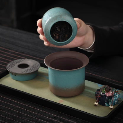 Kiln turned retro spring green coarse pottery, a pot of 4 cups of tea, small box, simple outdoor living room, tea room