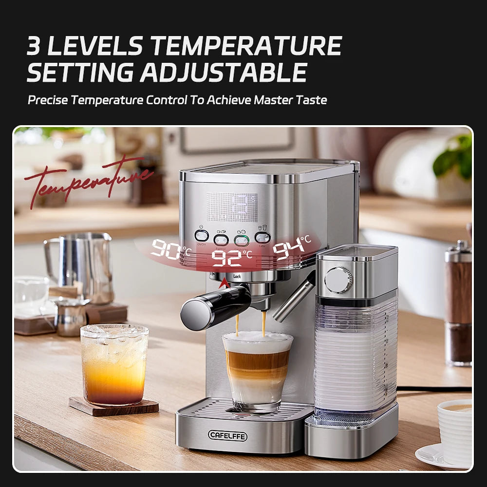 Cafelffe 3in1 Semi Automatic Espresso Cappuccino Latte Coffee Machine Automatic Milk Froth Ground Coffee Stainless Steels 20Bar