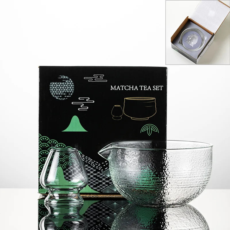 New Textured Matcha Bowl Glass Reusable Japanese Tea Set with Pouring Spout Matcha Making Kit Tea Lovers
