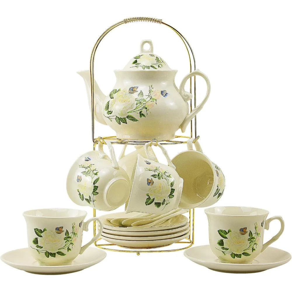 20-piece Bone China Tea Set, Gold Coffee Set, Gold Metal Rack, Home and Party Tea Gift Set (010)