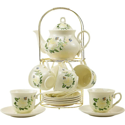 20-piece Bone China Tea Set, Gold Coffee Set, Gold Metal Rack, Home and Party Tea Gift Set (010)