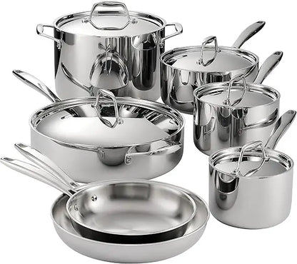 Tri-Ply Clad Stainless Steel 12-Piece Cookware Set with Lids, Pots and Pans Kitchen Set, Induction-Ready, Dishwasher-Safe, NSF-