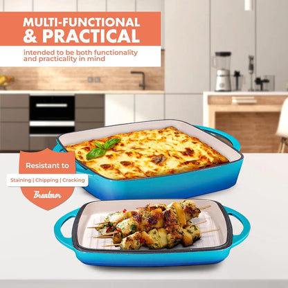 2-in-1 Pre-Seasoned Square Cast Iron Dutch Oven with Dual Handles, Non Stick Pan with Grill, All-in-One Cookware Set, Cast Iron