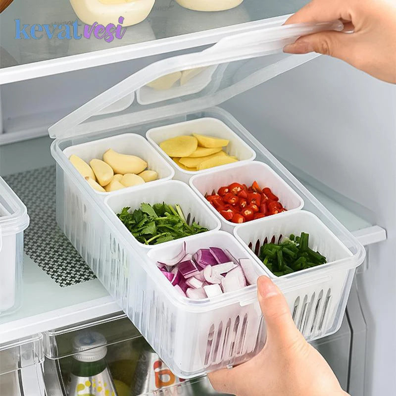 Caja de almacenamiento del refrigerador 4/6 Grid Alimento Caja de almacenamiento de frutas de fruta Organizador Drenaje de desagüe Cebera cebolla Ginger Clear Crisis