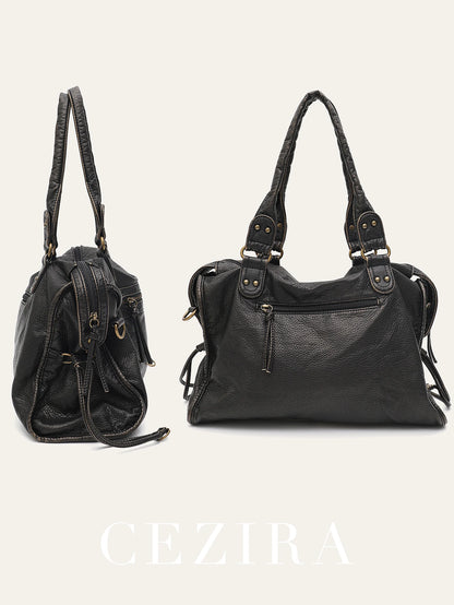Vintage gewaschenes PU-Leder, große Kapazität, Reißverschlusstaschen, Zopfdekor, Schulter-Umhängetasche, Unisex, Damen, tägliche Reisehandtasche