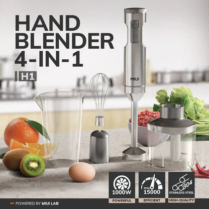 Miui Hand Immersion Blender 1000W kraftfuld 4-i-1, rustfrit stål stick madblander, 700 ml blandet bægerglas, 500 ml processor, pisker