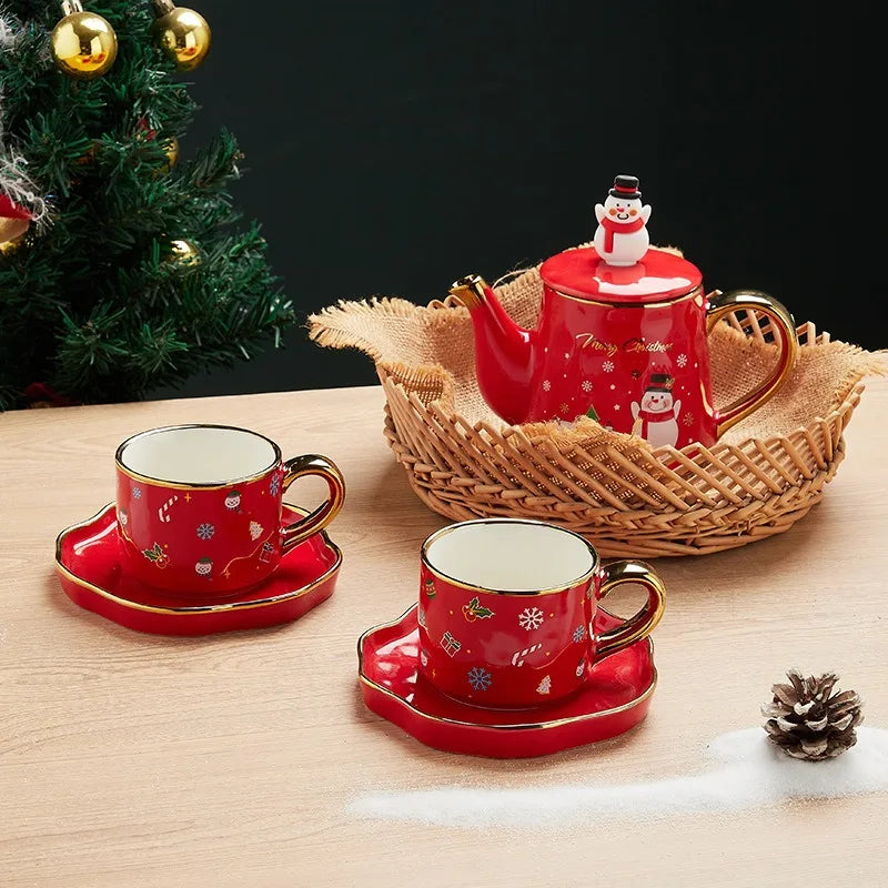 Christmas Ceramics Teaware Sets Coffee Cup & Saucer Santa Claus Elk Snowman Tea Pot and Cup Set Drinkware Xmas Gift 1 Pot 2 Cups