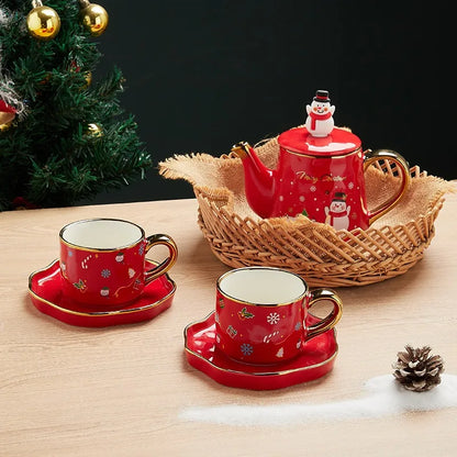 Christmas Ceramics Teaware Sets Coffee Cup & Saucer Santa Claus Elk Snowman Tea Pot and Cup Set Drinkware Xmas Gift 1 Pot 2 Cups