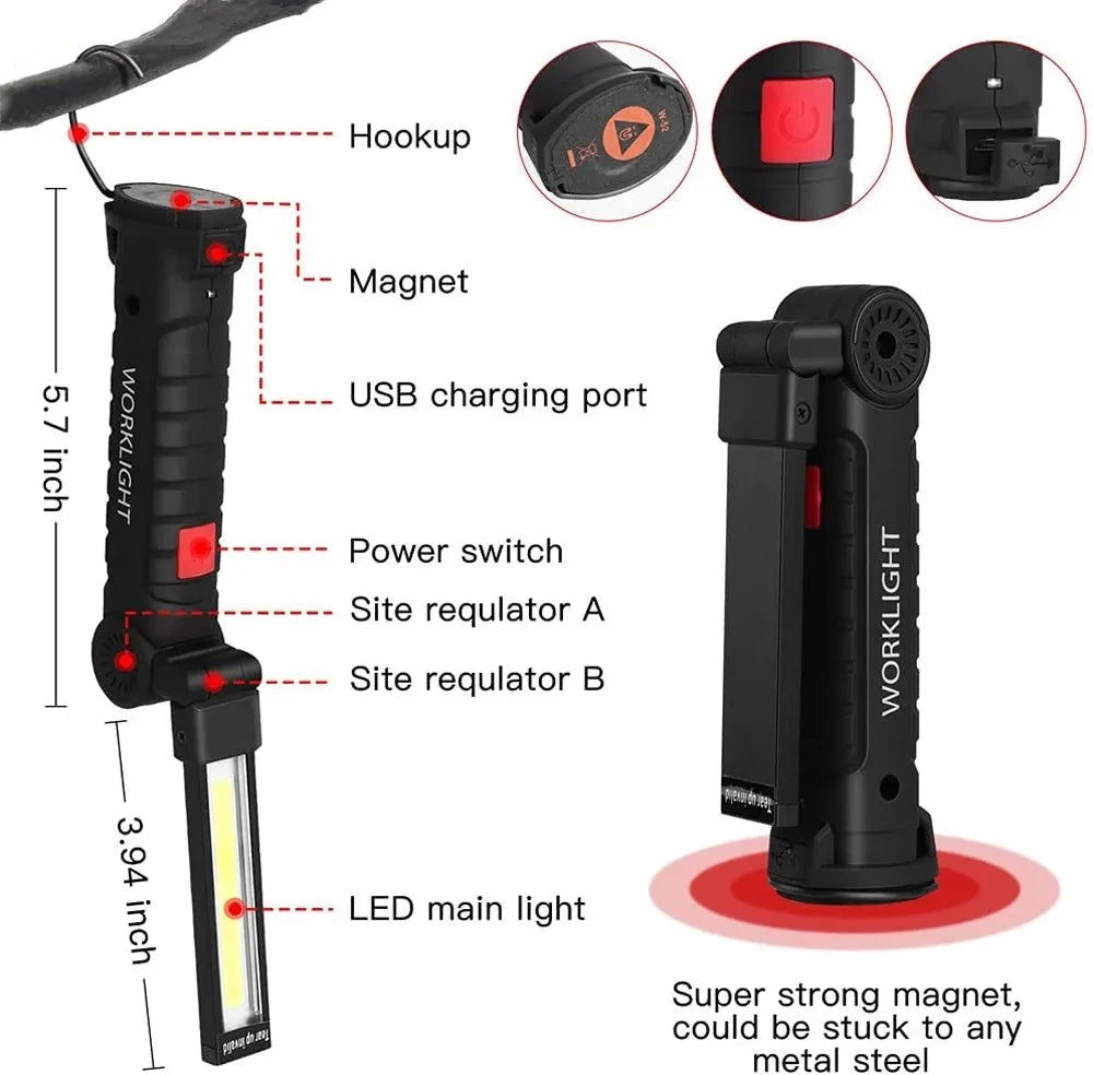 USB επαναφορτιζόμενη κάμπινγκ LED φακό φακό Εργασιακό φως με μαγνήτη και άγκιστρο IP64 αδιάβροχο 5 τρόπους φωτισμού κατάλληλες για νυχτερινή εργασία