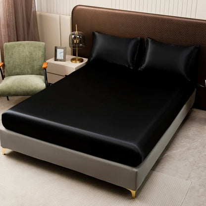 1Pc Satin Fitted Sheet Solid Colour Twin Full Queen Ice Silk Mattress Cover Natural With Elastic Band Bed Sheet (No Pillowcase)