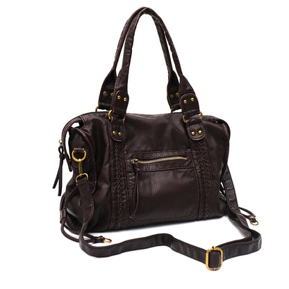 Vintage gewaschenes PU-Leder, große Kapazität, Reißverschlusstaschen, Zopfdekor, Schulter-Umhängetasche, Unisex, Damen, tägliche Reisehandtasche