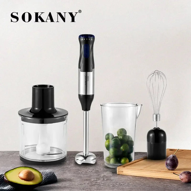 Nedsænkning blender håndholdt 4 i 1, 1000W 5 hastighed elektrisk stål mixer stick køkken gadget til babymad, suppe, kød hakning