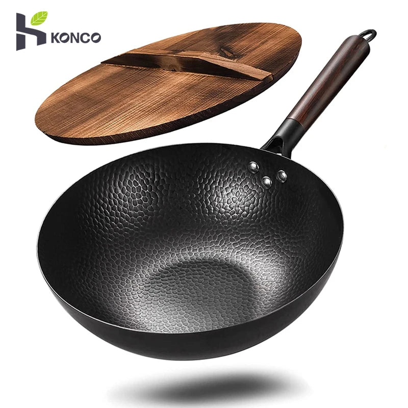 Iron Wok Tradiční 12,5 "uhlíková ocel Wok nepřilnavá pánev woks a míchejte smažené pánve s víkem kuchyňský kuchař pro všechny kamna