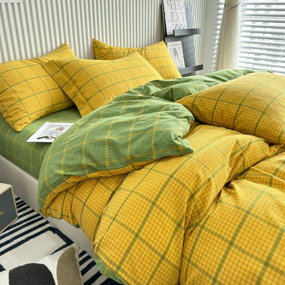 Pure Cotton Japanese Style Duvet Cover With Plaid Print  King Four Seasons Universal Bedding Cover Comfortable and Skin-friendly