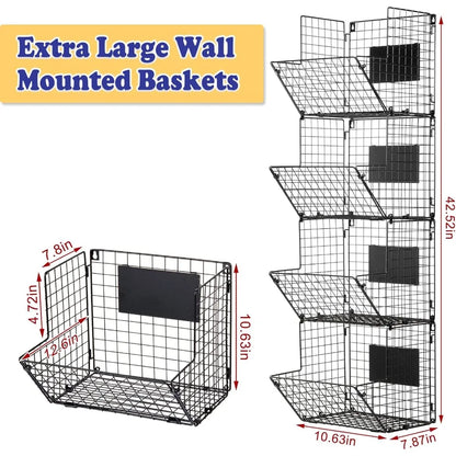 Metal Wire Basket Wall Mount, 4 Tier Extra Large Wall Storage Basket Organizer with Chalkboards, Kitchen Fruits and Vegetables