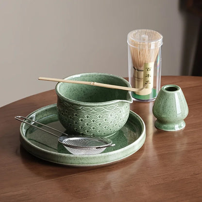 Japanese Matcha Set 2/5/6 Pieces - Green Pattern Tea Bowl, Bamboo Stirrer, Spoon & Filter - Traditional Japanese Tea Ceremony