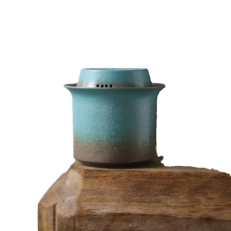Kiln turned retro spring green coarse pottery, a pot of 4 cups of tea, small box, simple outdoor living room, tea room