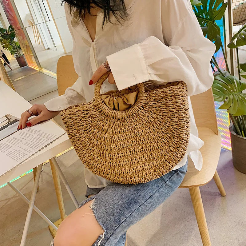 Summer Handmade Bags for Women Beach Weaving Ladies Straw Bag Wrapped Beach Bag Moon shaped Top Handle Handbags Totes