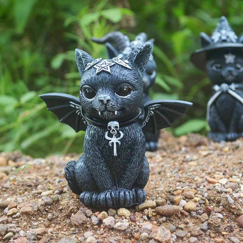 Halloween Decoratieve beeldje Figurine Garden Witch Cat Sculpture Gotisch Kitten Standbeeld Zwart Magic Cat Owl Ornament Wizard Leuke miniatuur