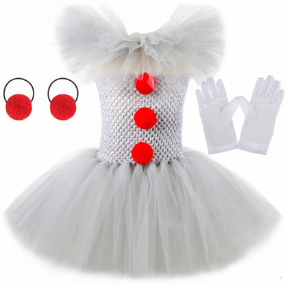 Halloween Gray Joker Girls Costume Tutu Dress Creepy Clown Kids Carnival Party Cosplay Clothing Children Tyll Fancy Dress