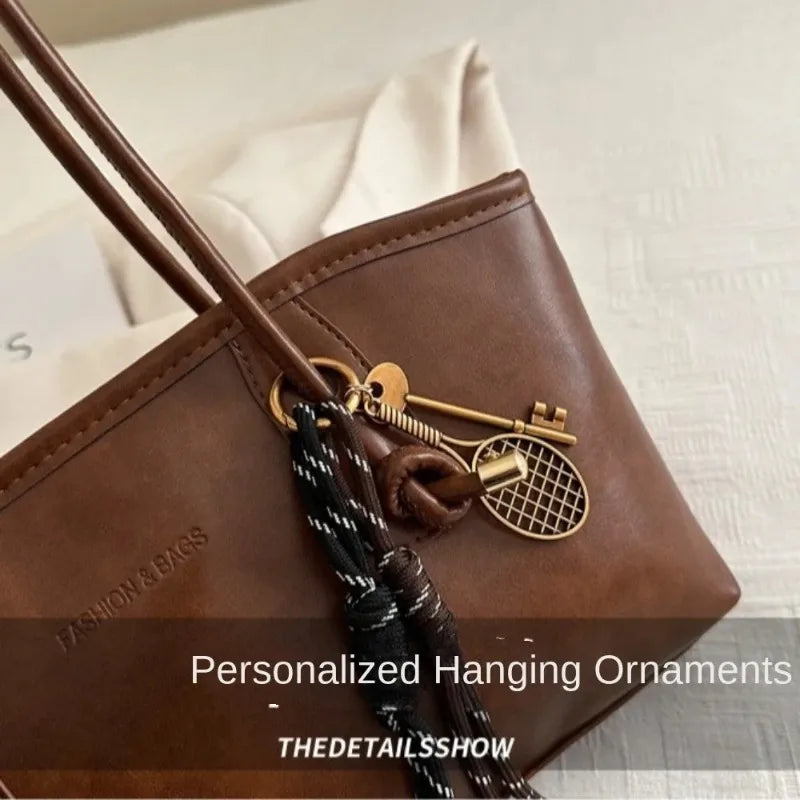 European American Retro Tote Bag, Korean Fashion Shoulder Bags Advanced Simple Handbag New Large Capacity Pendant Versatile Bags