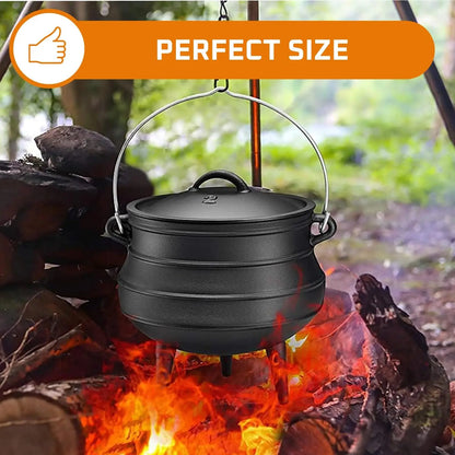 12 Quart Cast Iron Dutch Oven Cauldron Pot - Camping Cookware with Lid - Pre-Seasoned Heavy-Duty Potjie for Stews, Soups, Braisi