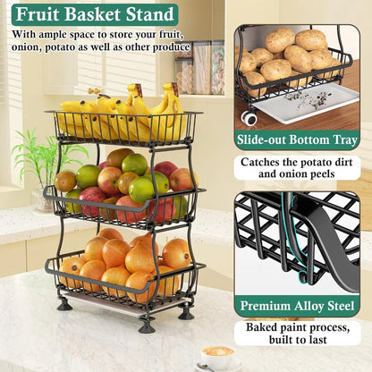 Pantry Floor Organizer and Storage Cart with Wheels, Stackable Wire Pantry Baskets for Pantry Shelves, Kitchen Fruit Basket