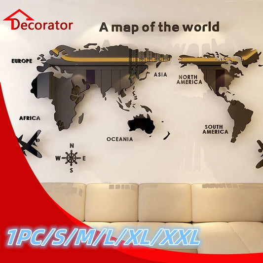 Nordic World Map Acrylic 3D Wall Decal Office Study, Living Room, Sofa, Background Wall Decoration