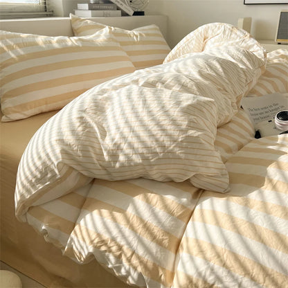 Washed Cotton Double Yarn Crepe Striped Quilt Set 3-4 Pillowcase with Sheet Bedding Cover Supplies 200x230 220x240 Skin Friendly