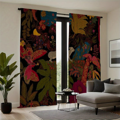 2pcs Tropical Rainforest Curtains - Black Background with Leopard, Birds & Floral Print, Polyester Velvet Fabric, Rod Pocke