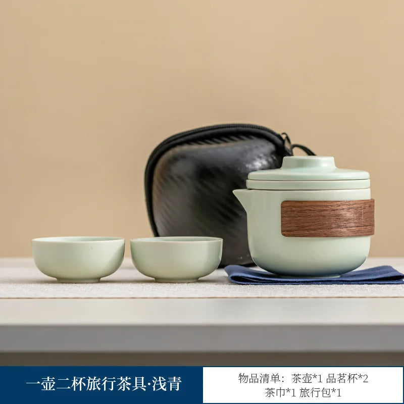 1 set of portable teacup set travel set ceramic kung fu tea set outdoor camping one teapot and two cups of gifts