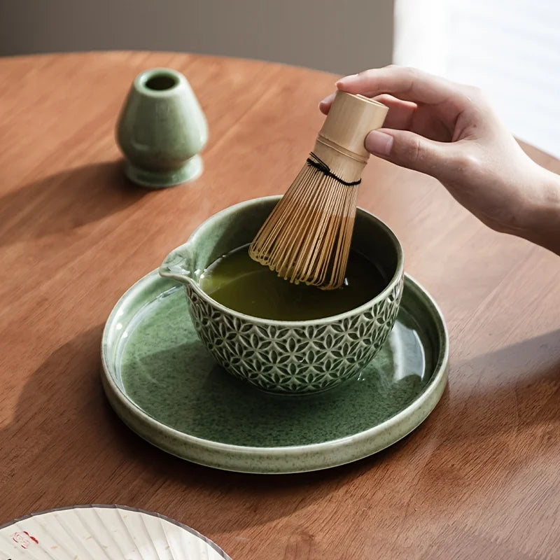 Japanese Matcha Set 2/5/6 Pieces - Green Pattern Tea Bowl, Bamboo Stirrer, Spoon & Filter - Traditional Japanese Tea Ceremony
