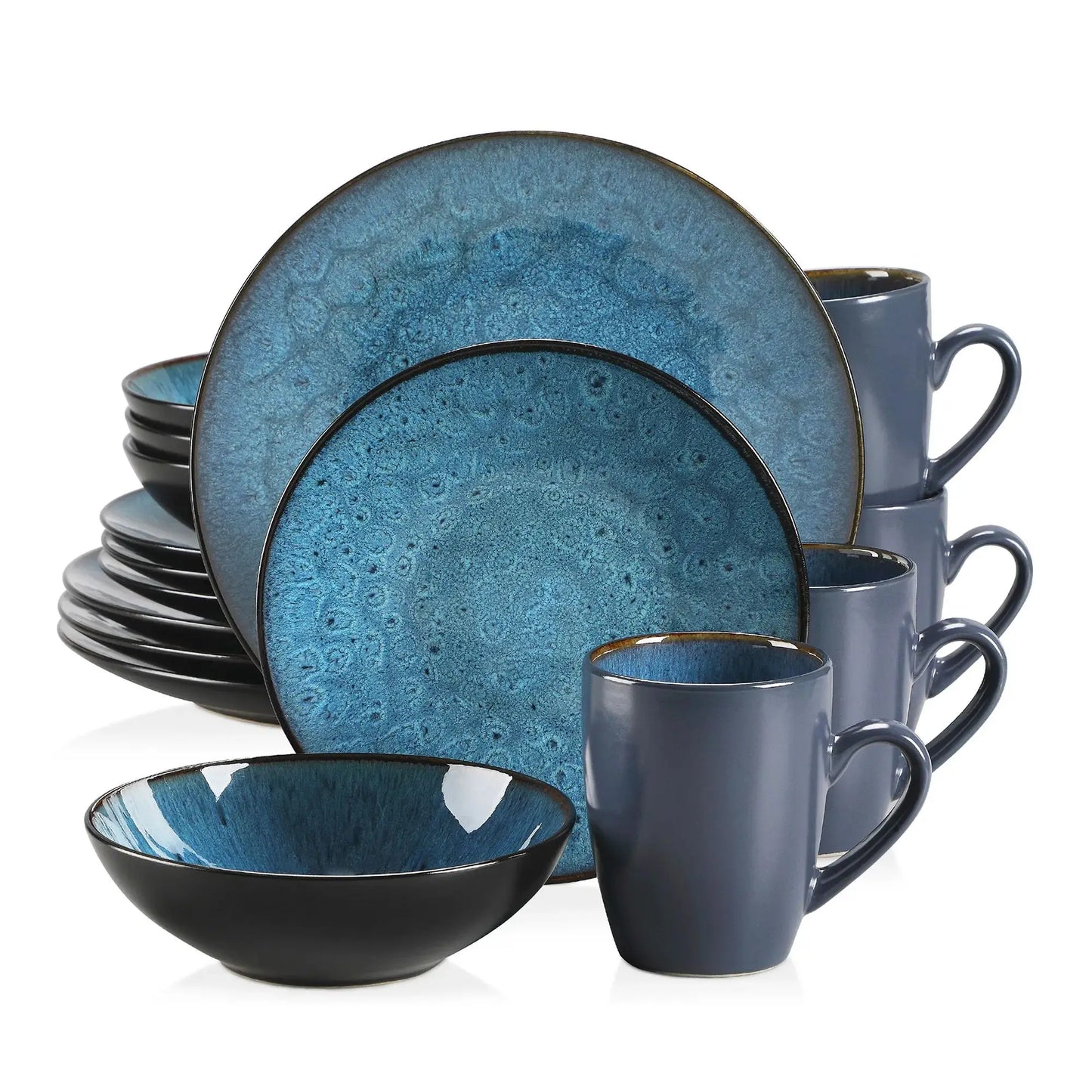 Vancasso Bubble 16/32/48-delige servies set Vintage keramisch blauw/bruin steengoedset met diner en dessertplaat, kom, koffiekopjes