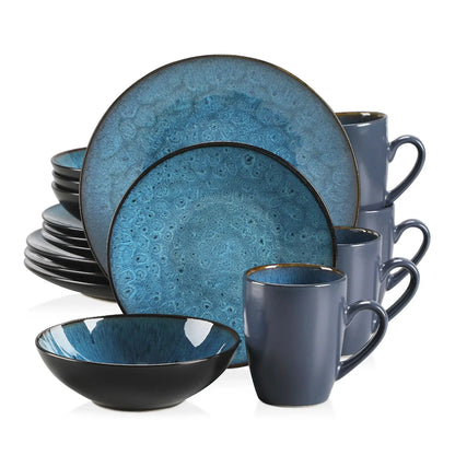 Vancasso Bubble 16/32/48 piezas Conjunto de vajillas de cerámica vintage Azul/gres marrón con plato de cena y postres, tazón, tazas de café