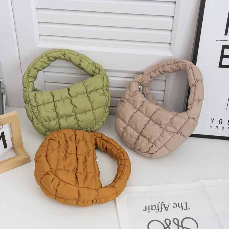 Fashion Mini Puffer Tote Bag Quilted Circle Phone Purse Elegant Purple Soft Nylon Padded Key Pouch Simple Trend Handbag