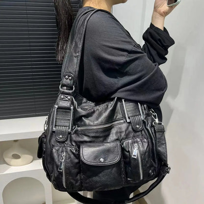 Women's Fashion Y2K Hot Girl Motorcycle Bag Old Lychee Pattern Multi-Pocket Shoulder Crossbody Bag
