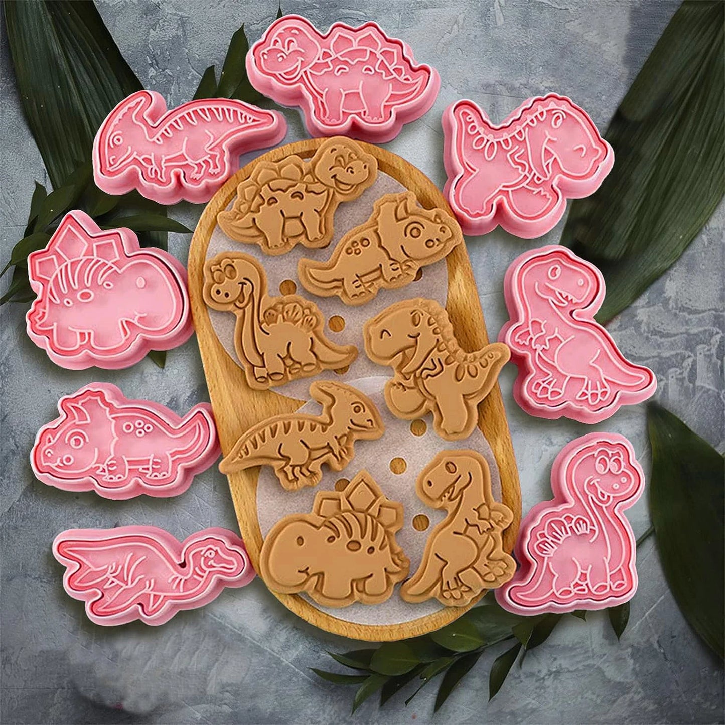 8Pcs Set Cookies Cutters Dinosaur Plastic Cartoon Pressable Biscuit Mold Confectionery Cookie Stamp Baking Pastry Bakeware Tools