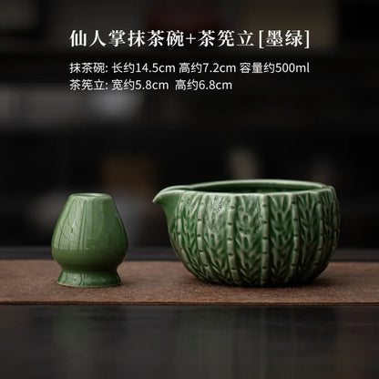 Japanese Cactus Matcha Set with Ceramic Bowl Bamboo Matcha Whisk Teaspoon Tea Sets Tea Lovers Gifts Tea-making Tools Accessories